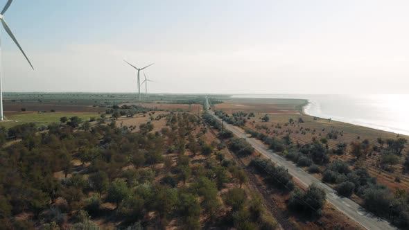 Wind Energy Generators Against Blue Sky Sea and Fields