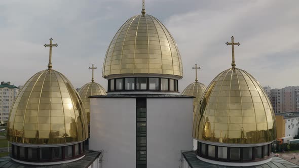 Dome of Church Aerial View Traditional Old Church in City Lviv Ukraine Cloudy Sky Background