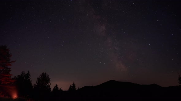 Night sky by the campfire, the Milky Way moving across the sky,