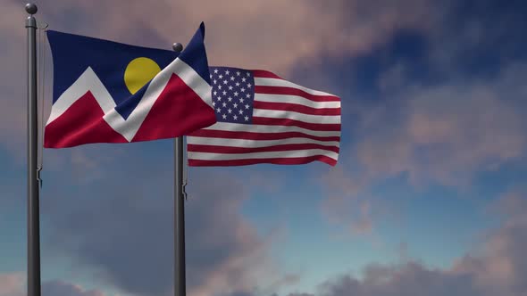 Denver City Flag Waving Along With The National Flag Of The USA - 2K