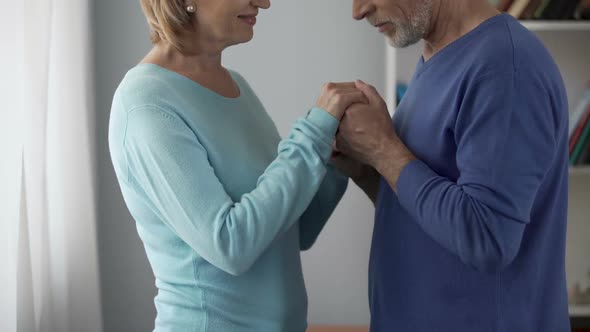 Retiree Couple Flirting Man Holding Woman Hands and Kissing Them Attraction