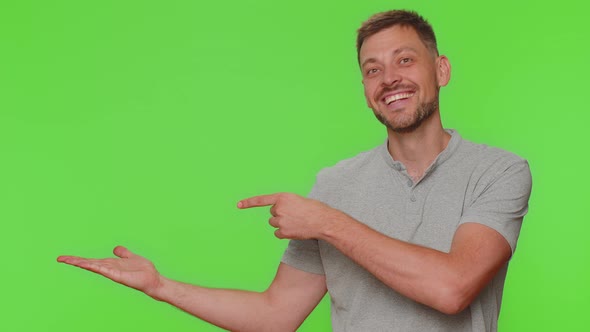 Man Guy Showing Thumbs Up and Pointing Left Empty Place Advertising Area for Commercial Text Logo