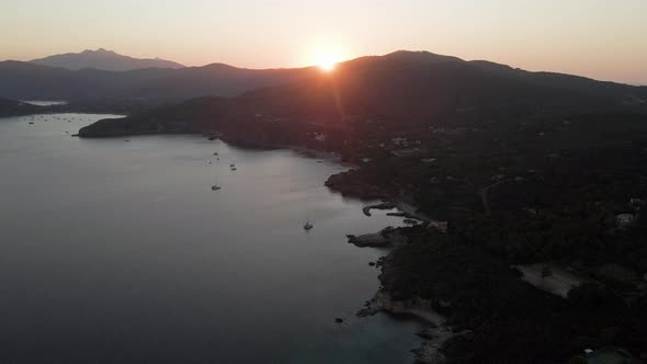 Aerial view of Lacona bay at sunset, Elba Island, Tuscany, Italy.