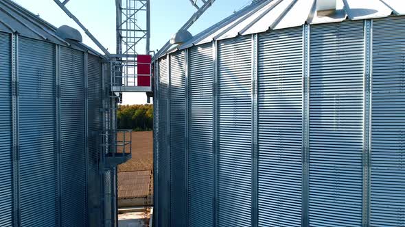 Large storage tanks in nature. Grain terminals. Industrial metal bins for agribusiness.