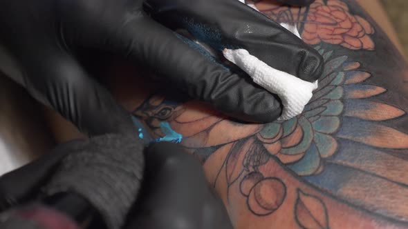 Tattoo Artist Doing A Beautiful Bird Tattoo On His Client Wearing His Black Gloves And Using His Wip