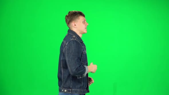 Man Goes Then Starts To Run, Waves His Hand Stand, Chroma Key. Slow Motion. Side View