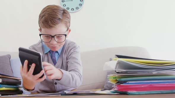 Boy as business executive calculating bills 4k