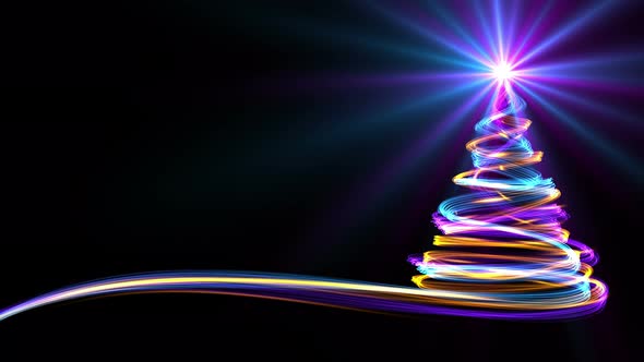 Christmas Tree From Yellow, Blue And Purple Neon Streaks