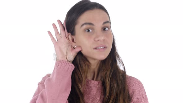 Young Beautiful Latin Woman Listening Secret, White Background