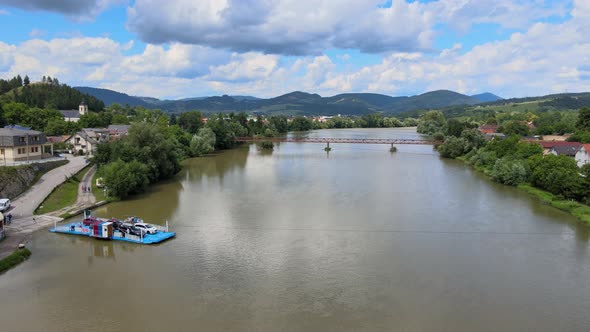 Aerial view of a transport ship in the village of Strecno in Slovakia