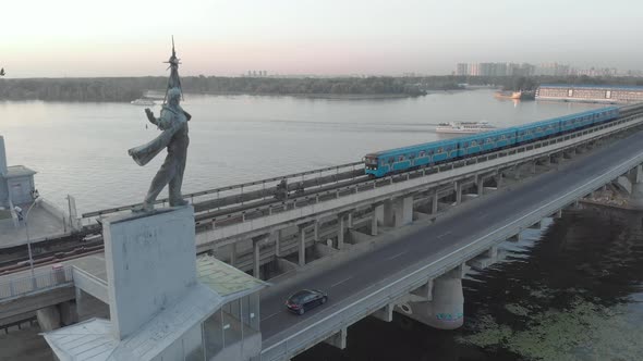 Aerial View of the Metro Bridge. Station Dnipro. Kyiv, Ukraine.