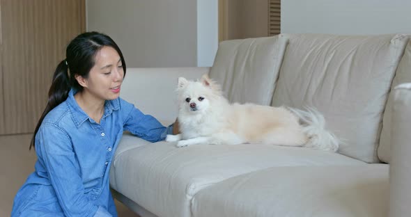 Woman cuddle her pomeranian at home