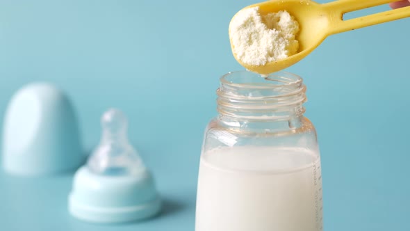 Close Up of Baby Milk Powder and Spoon Blue Background