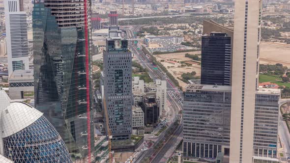 Skyline View of the Buildings of Sheikh Zayed Road and DIFC Aerial Timelapse in Dubai UAE