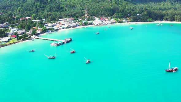 Aerial tourism of idyllic coast beach time by transparent ocean and clean sand background of a picni