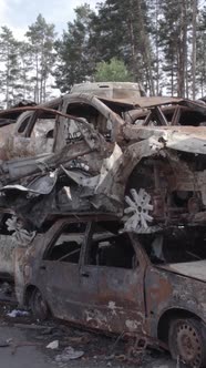 Vertical Video of a Dump of Destroyed Cars During the War in Ukraine