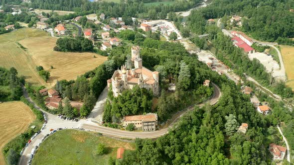 Aerial Drone Panoramic View of the Rocchetta Mattei Castle in Italy on Sunny Summer Day View From