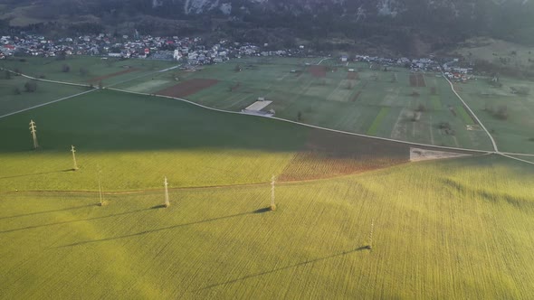 Flying over farmland and countryside on a spring morning