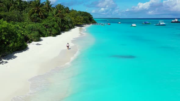 Lady alone tans on idyllic coastline beach journey by transparent sea with clean sand background of 