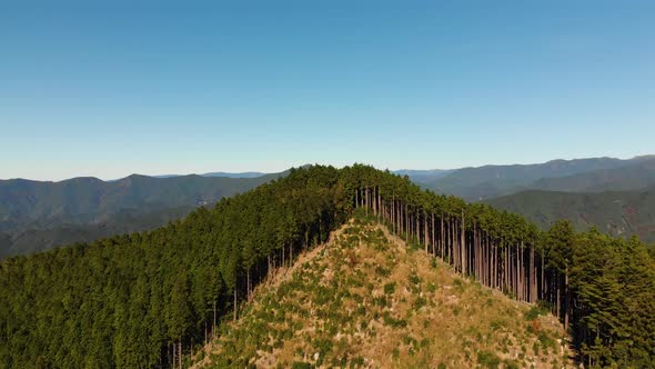 Aerial drone, pull back from clearing to forested mountain landscape, Kii Peninsula Japan