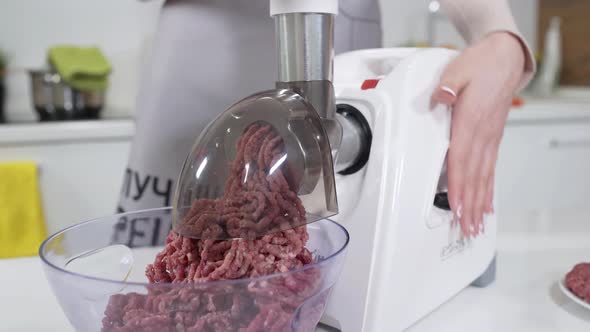 Making Minced Meat in Electric Meat Grinder From Fresh Beef at Home. Electric Mincer Machine with