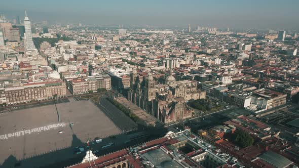 Remote view of the entire Zocalo of Mexico city at sunrise