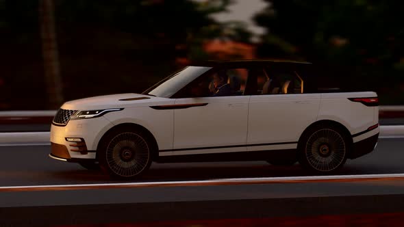 White Luxury SUV Forest Road Side Shot Sunset