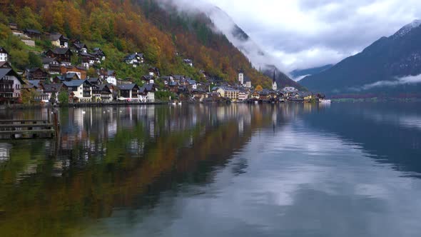 Traditional Homes near Lake in Famous Hallstatt Village in Salzkammergut Area, Austria