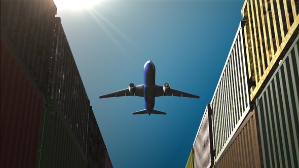 Rows of cargo containers with jet airplane passing over