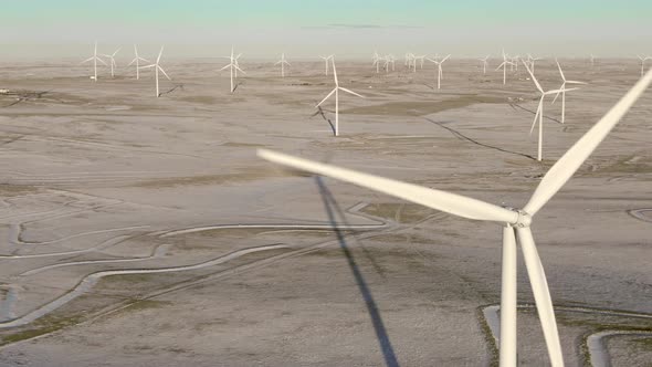 Aerial shots of wind turbines on a cold winter afternoon in Calhan, Colorado