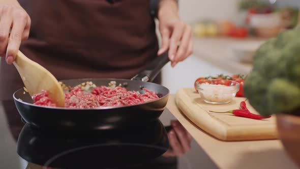 Preparing Ground Beef Meat on Frying Pan