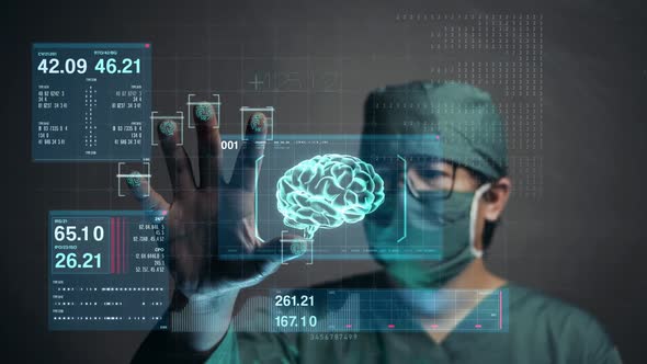 Surgeon Accessing Brain Patient Data by Finger Print. Future Medical Concept