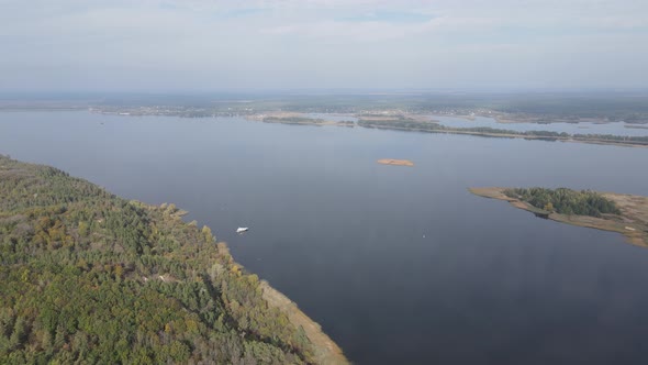 Beautiful Aerial View of the River Dnipro. Ukraine, Slow Motion