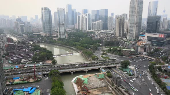 Aerial Chengdu Traffic, River Construction