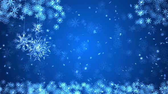 Snow falling on blue sky with Blue particles in the winter Christmas loop background 2023. 2024