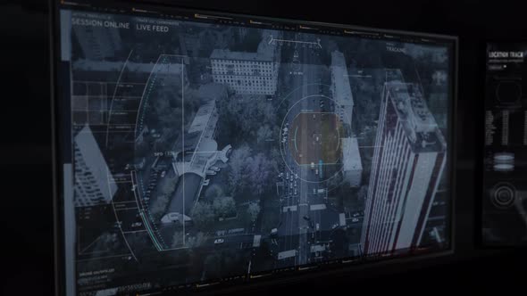 Aerial View Of Tracking A Moving Car. Computer Technologies, User Interface.