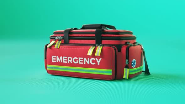 The red emergency first aid bag in colorful studio light. Paramedic kit. 4KHD