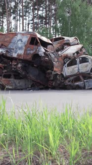 Vertical Video of the War in Ukraine  Destroyed Cars