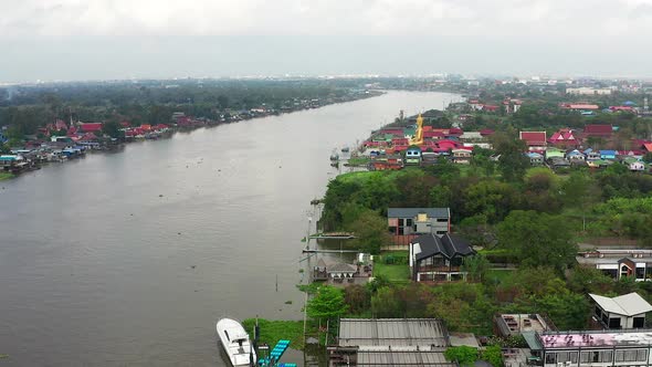 Aerial View of Wat Bang Chak is Located Opposite Koh Kret Island on the Banks of Chao Phraya River