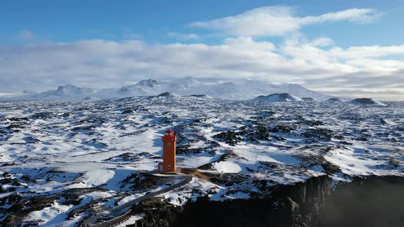 Snaefellsjokull National Park, View of Svörtuloft Lighthouse from above, slowement