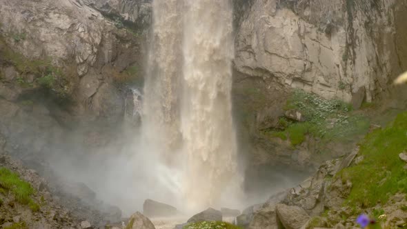 Dirty Waterfall Sultan High in the Mountains Near Elbrus in Summer