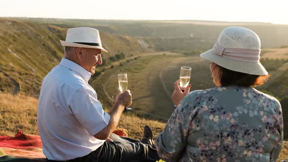 Elderly Couple Sit on the Top of a Hill at a Picnic, Cheers a Glass of Champagne