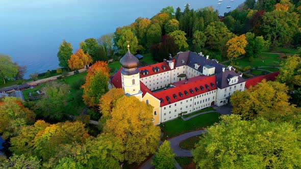 Aerial view of Bernried Abbey at Lake Starnberg, Bavaria, Germany