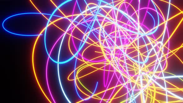 Abstract Animation of Moving and Rotating Neon Stripes or Threads on Black Background