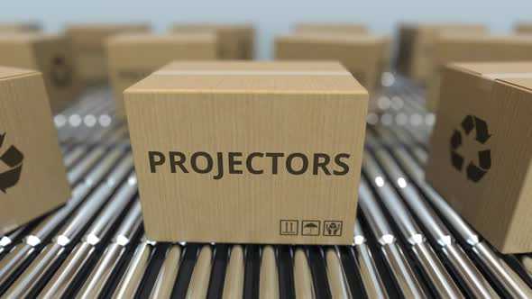 Boxes with Projectors on Roller Conveyors