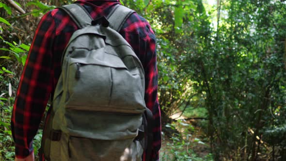 Woman with Backpack Walks in Tropical Forest