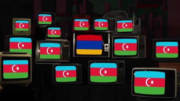 Flag of Armenia among Many Azerbaijan Flags on Retro TVs. 