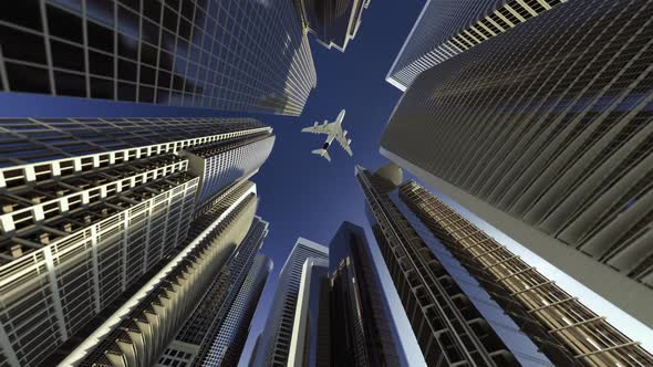 A plane flying over tall buildings