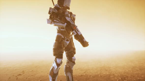 Futuristic Soldier in Desert at Sandstorm