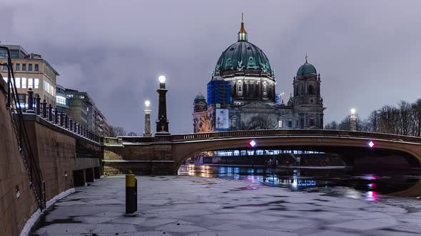Snowy Night Time Lapse Berlin Cathedral with Spree River, Berlin, Germany